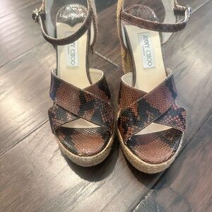Jimmy Choo Tan and Brown Snakeskin Wedges